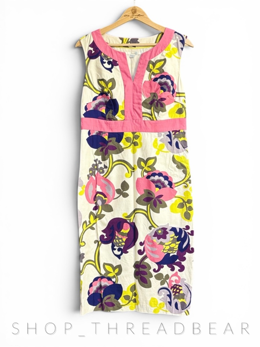 EUC [Boden] Ecru Sleeveless Pink Yellow Floral V Neck Sheath Midi Dress | 8 Long